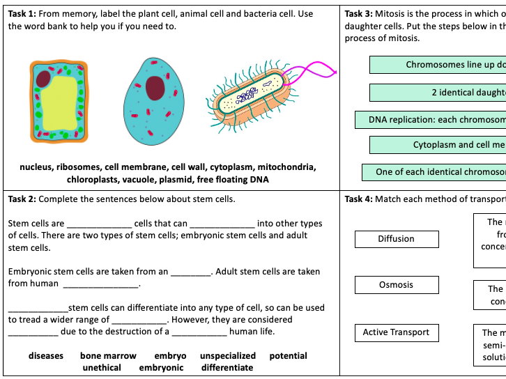 AQA GCSE Biology Topic 1 Recap: Cell Biology DIFFERENTIATED (useful as ...