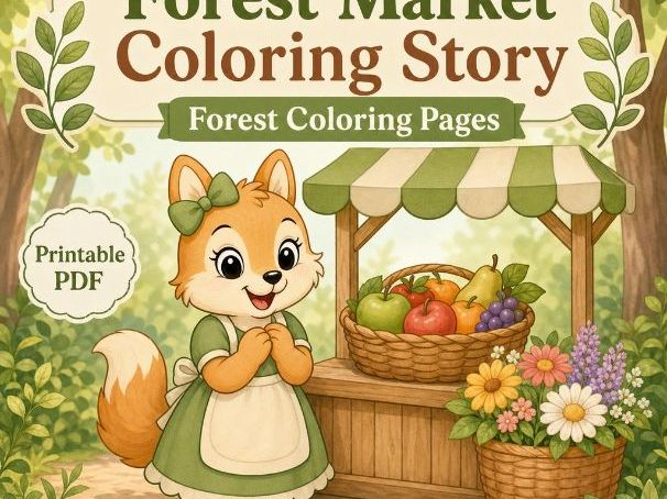 Forest Market Coloring Story | Forest Coloring Pages | Printable PDF | Digital Download