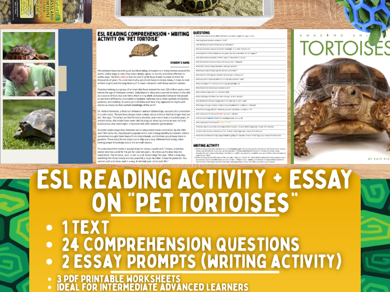 ESL Reading Comprehension + Writing Activity Worksheets - Pet Tortoises