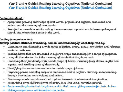 Guided Reading Learning Objectives for KS2