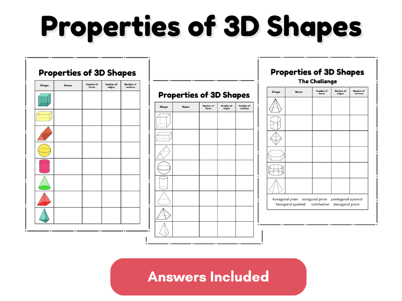 Properties of 3D Shapes Worksheets
