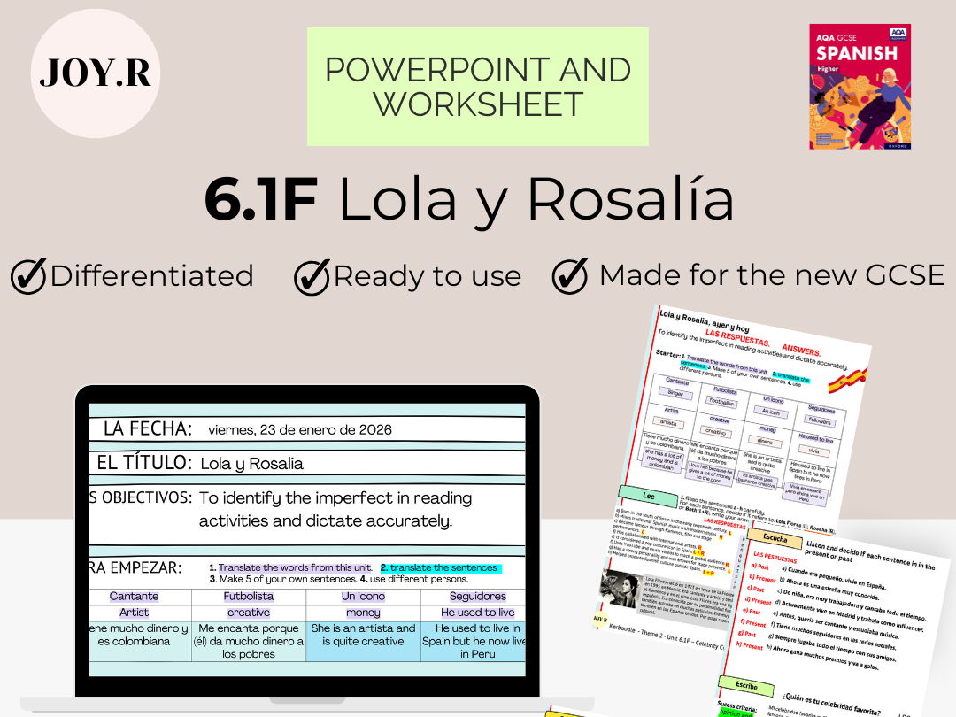 6.1F Lola y Rosalía - Lesson PPT and Worksheet bundle - New Spanish AQA GCSE (8692)