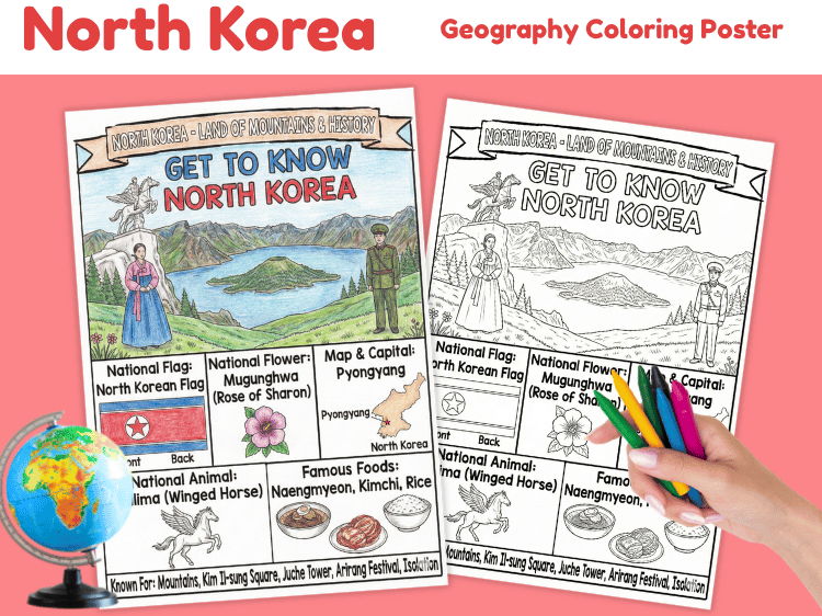 North Korea Geography Coloring Poster | Country Facts & Map