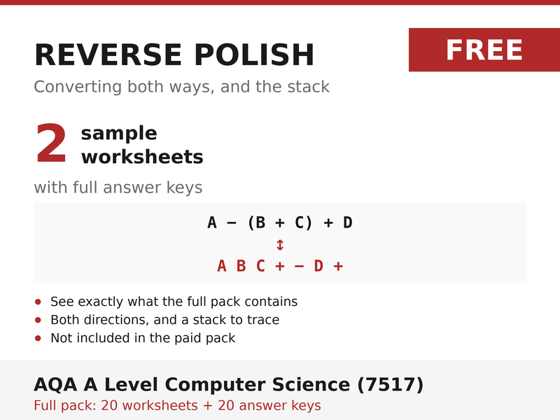 FREE Reverse Polish Notation Sample | AQA A Level Computer Science 7517 | 2 Worksheets + Answers