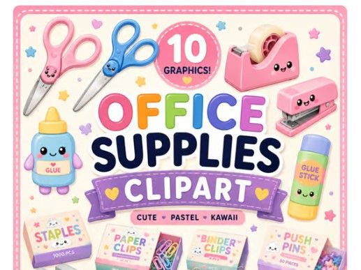 10 Office Supplies Clipart Cute Kawaii Scissors.. school supply clip art pastel