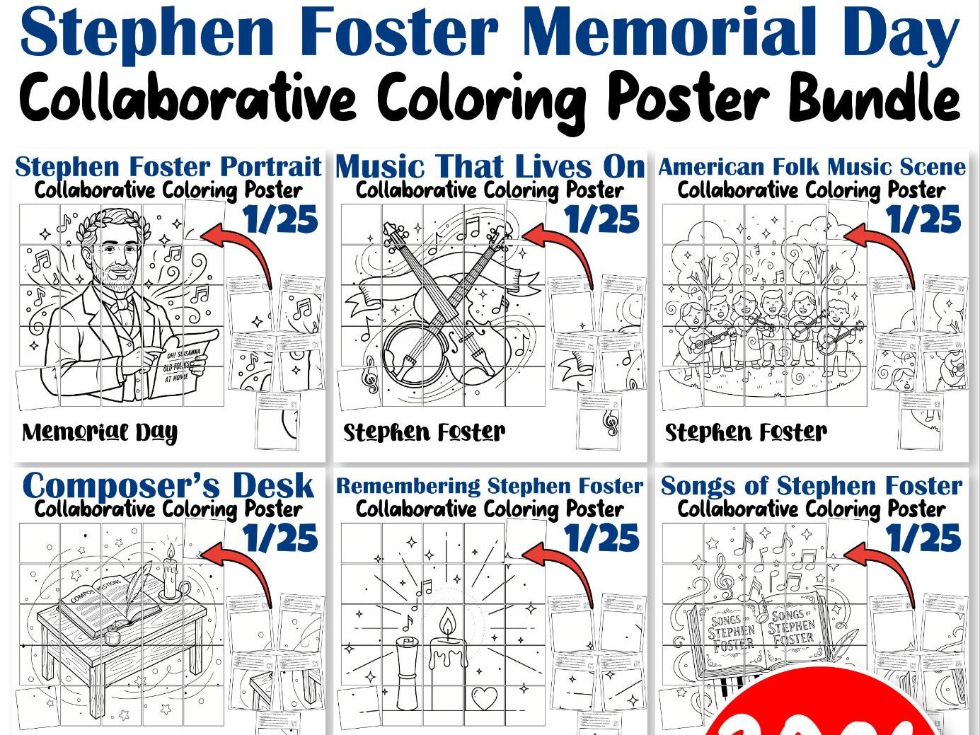 Stephen Foster Memorial Day Collaborative Coloring Posters Bundle
