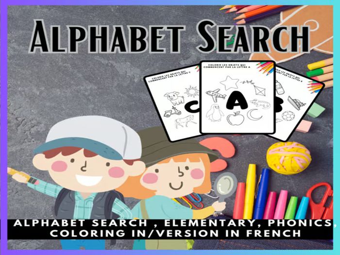 Alphabet Search, Blends & Digraph Beginning Sound Picture Search Coloring Pages Version in French