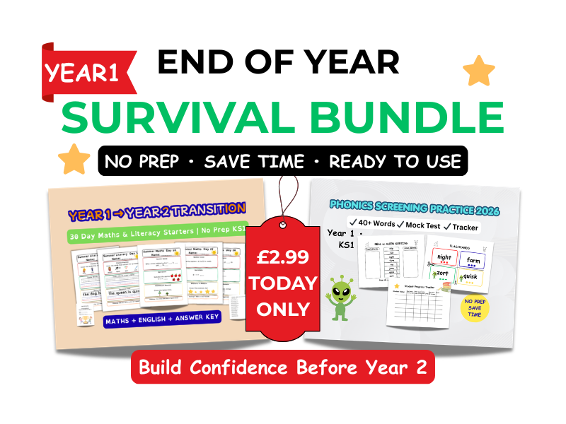 Year 1 End of Year Survival Bundle | Phonics Screening + Maths & Literacy Revision | No Prep KS1