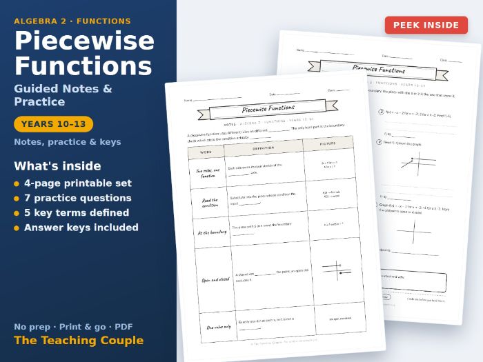 Piecewise Functions Sketch Notes & Practice + Answer Keys
