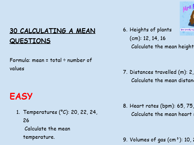 GCSE Maths for Science Mean Calculations Worksheet | KS4 | AQA PDF DOWNLOAD