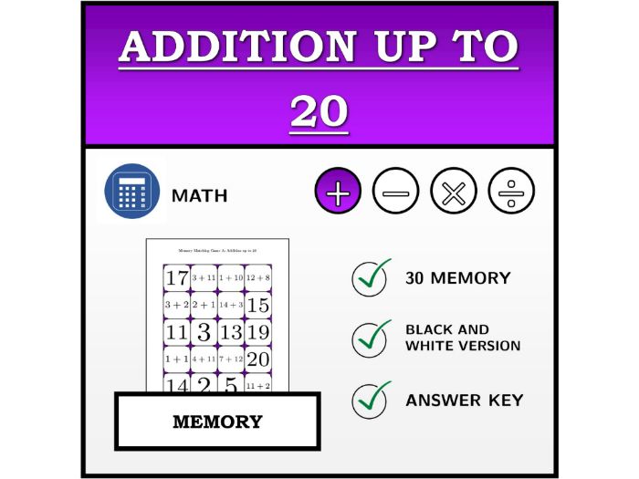 Memory Matching Game | Addition up to 20 | Math Activity | FREE