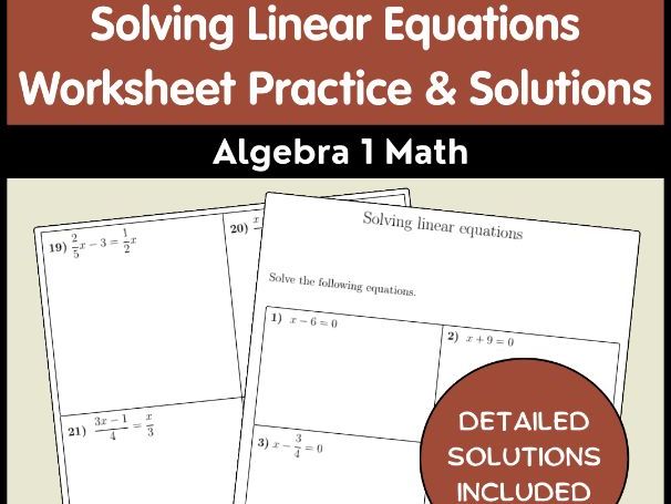 Solving Linear Equations Worksheet Practice & Solutions: Algebra 1 Math