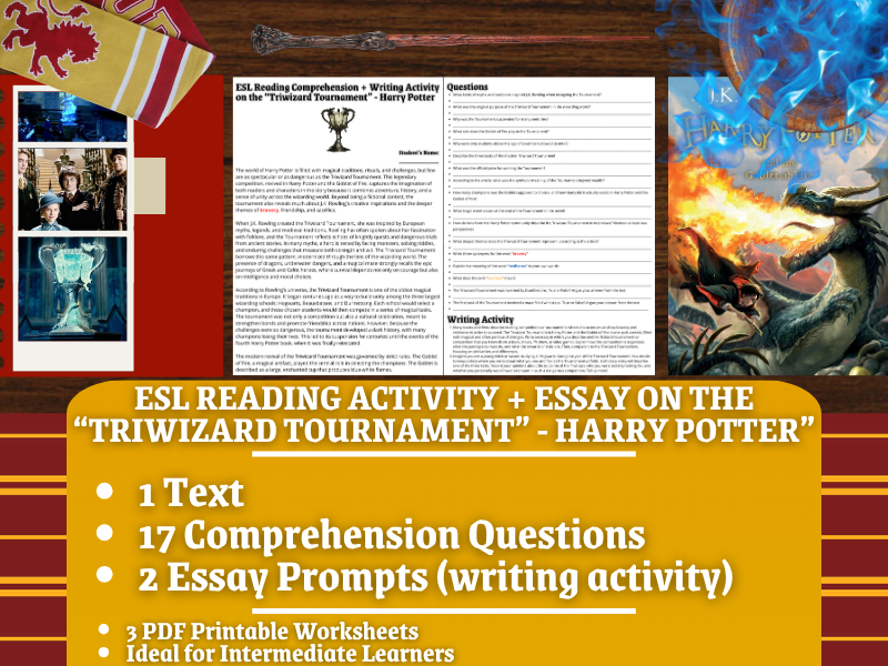 ESL Reading Comprehension + Writing Activity Worksheets - Triwizard Tournaments - Harry Potter