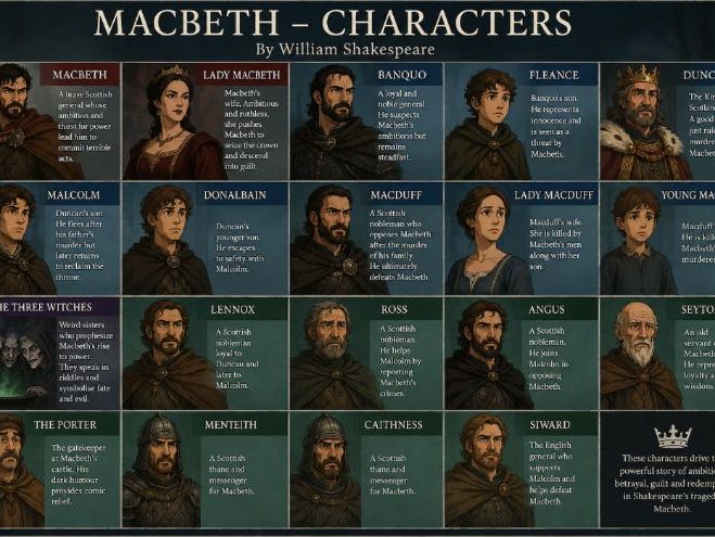 Macbeth character revision cards. Quotes and Themes for Macbeth.