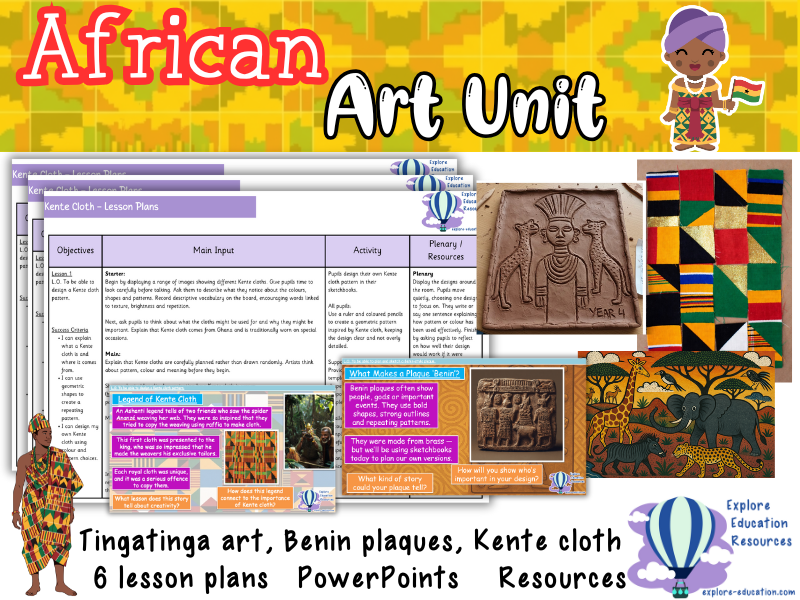 KS2 African Art Unit – Tingatinga, Benin Plaques and Kente Cloth (6 Complete Lessons)