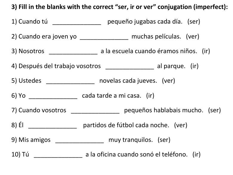 SER, IR, VER Imperfect Tense Conjugation Worksheets