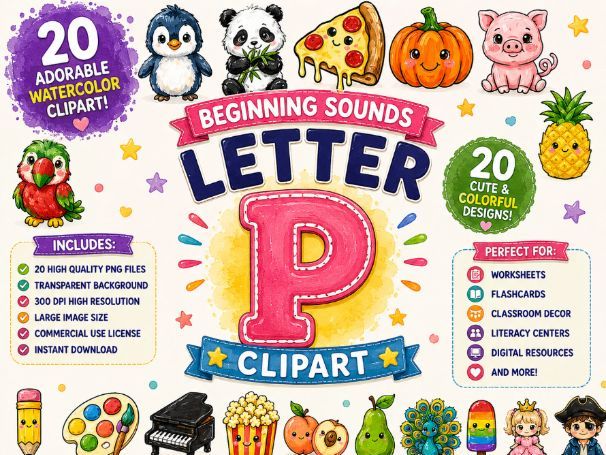 Letter P Beginning Sounds Clipart | Watercolor Alphabet Clipart