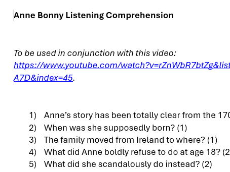 Anne Bonny Listening Comprehension