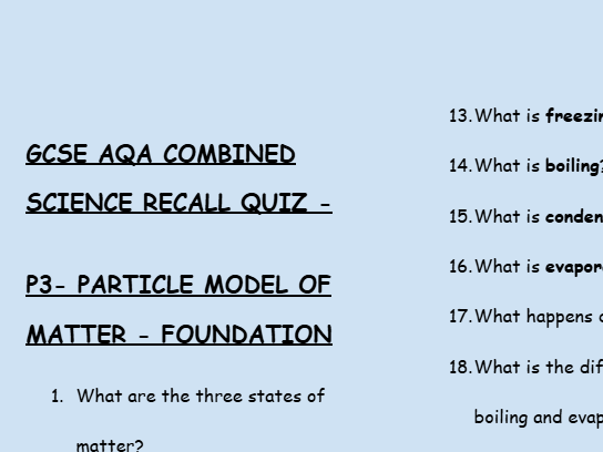 GCSE Physics P3 Particle Model of Matter – 30 Foundation Retrieval Questions | AQA | Low-Stakes Quiz