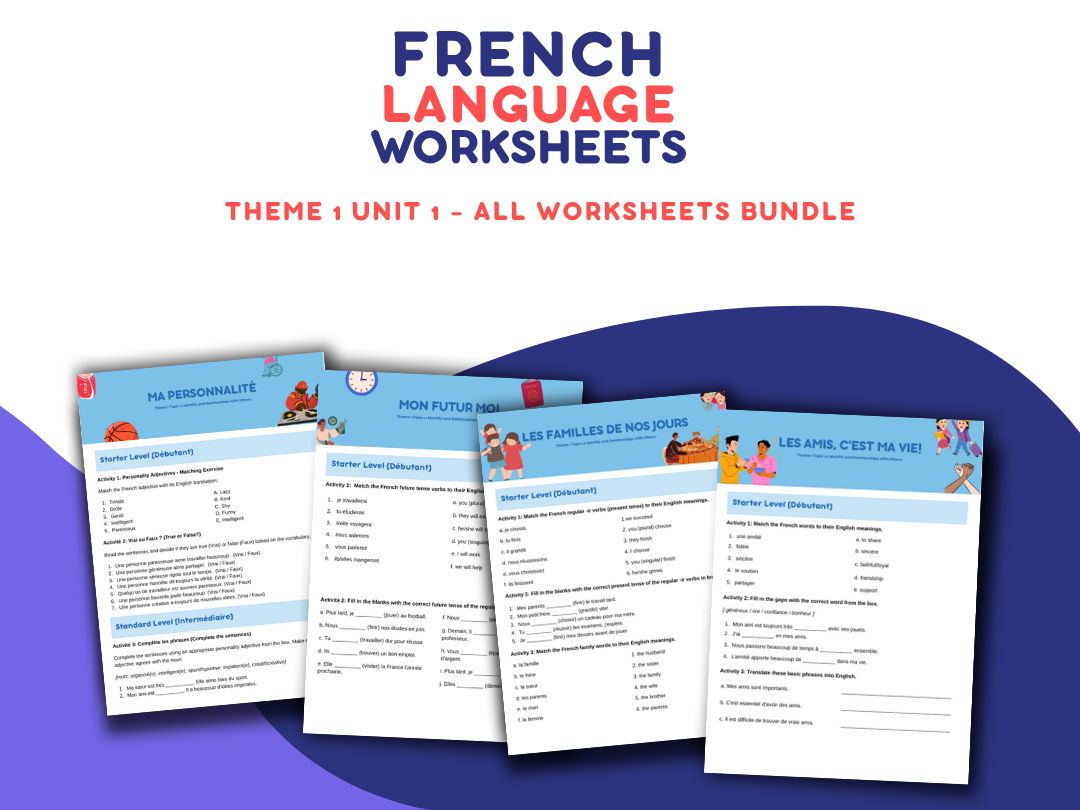 French GCSE Theme 1 Unit 1 Worksheet Bundle