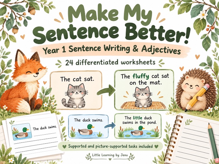 Make My Sentence Better! | Year 1 Sentence Writing & Adjectives | Differentiated Worksheets