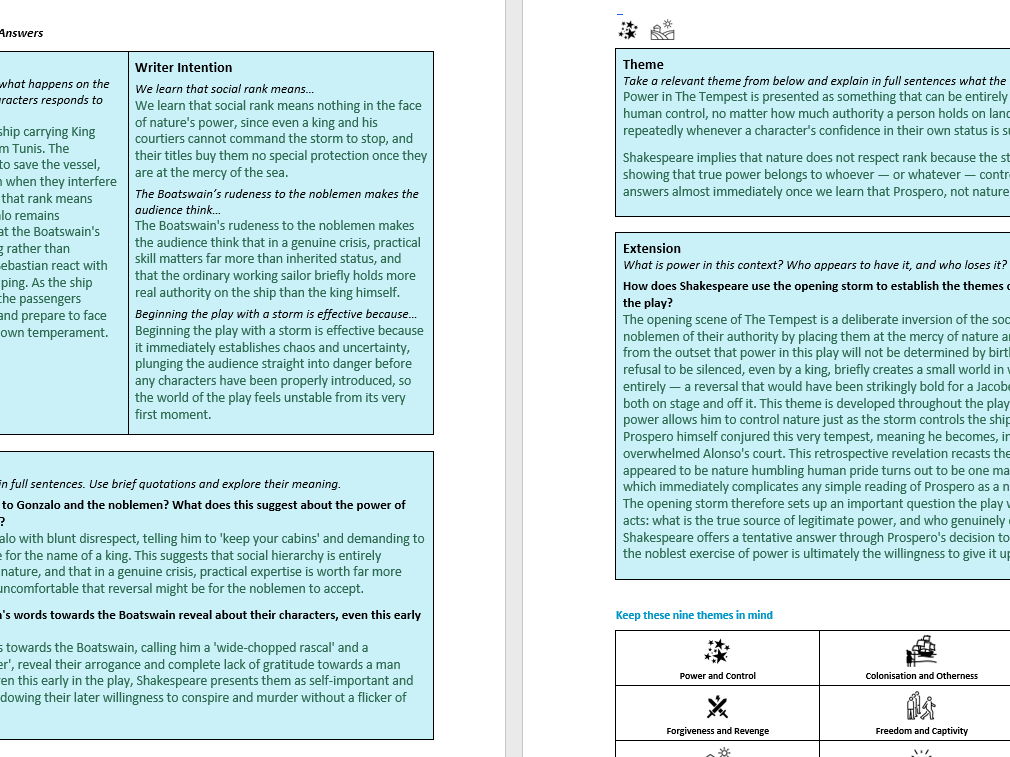 The Tempest Teaching bundle: workbook and teacher answers