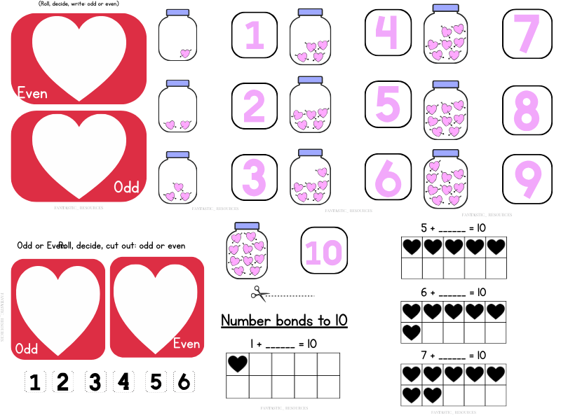 Valentine’s Day Maths Activities KS1 | Odd & Even, Counting, Matching & Number Bonds to 10 (9 Pages)
