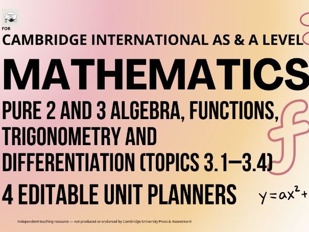 CAIE AS & A Level Mathematics 9709: Pure 2 and 3 Algebra, Functions... 4 Editable Unit Planners