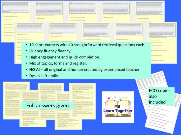 FS Functional Skills English Reading 10 comprehensions mixed Retrieval Fluency Adult learning bundle
