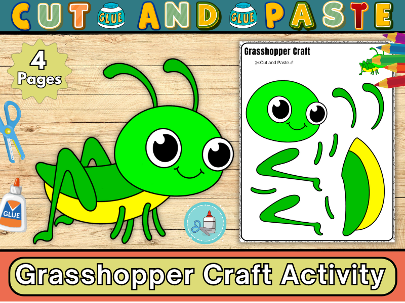 Grasshopper Craft Activity-Insect Activity-Bug Craft-Spring Cut & Paste Activity