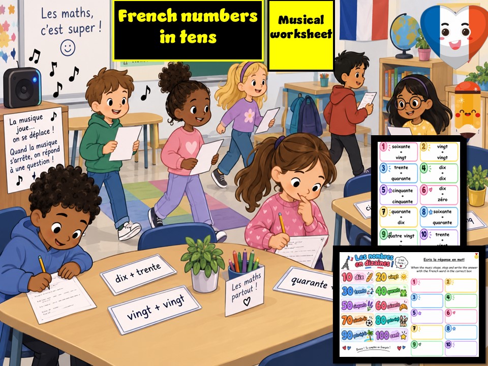 French numbers to 100 in tens | Musical Worksheet | Move and write