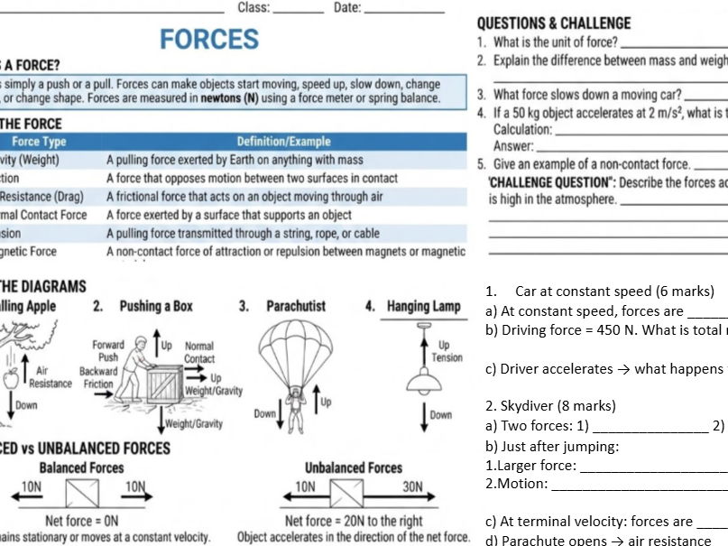 Forces Worksheets - KS3/GCSE Physics