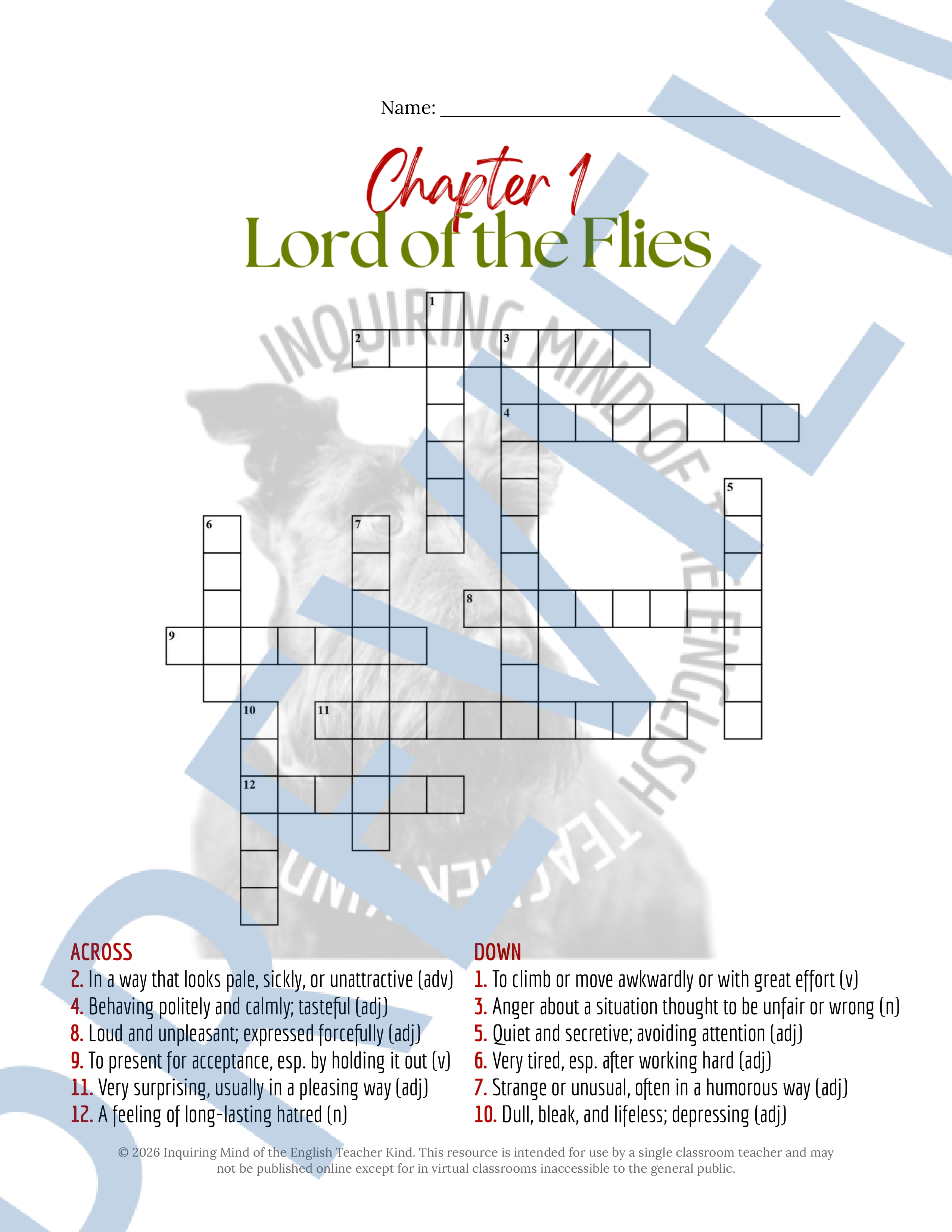 Lord of the Flies Chapter 1 Vocabulary Games | Crossword Puzzle | Word ...