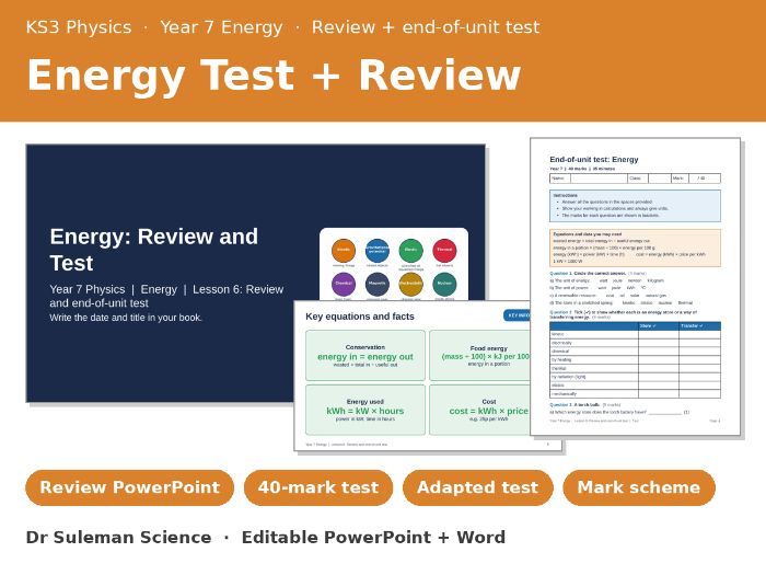 KS3 Physics Energy End of Unit Test + Review Lesson