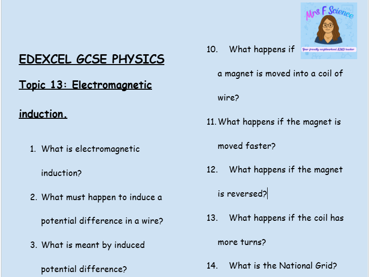 GCSE Edexcel Physics Topic 13: Electromagnetic Induction Revision Worksheet