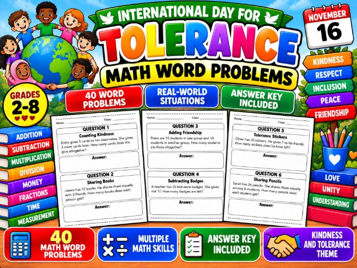 International Day for Tolerance Math Word Problems | 40 Questions & Answer Key