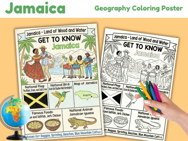 Jamaica Geography Coloring Poster | Country Facts & Culture