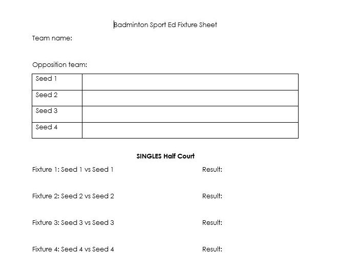 Badminton Sport Ed Fixture Sheet