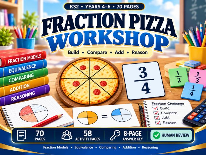 Fraction Pizza Workshop | KS2 Visual Fractions Worksheets | Years 4–6 | 70 Pages