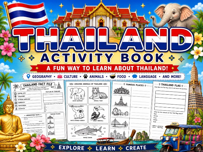 Thailand Activity Book | Country Study Worksheets | Reading Comprehension, Maps