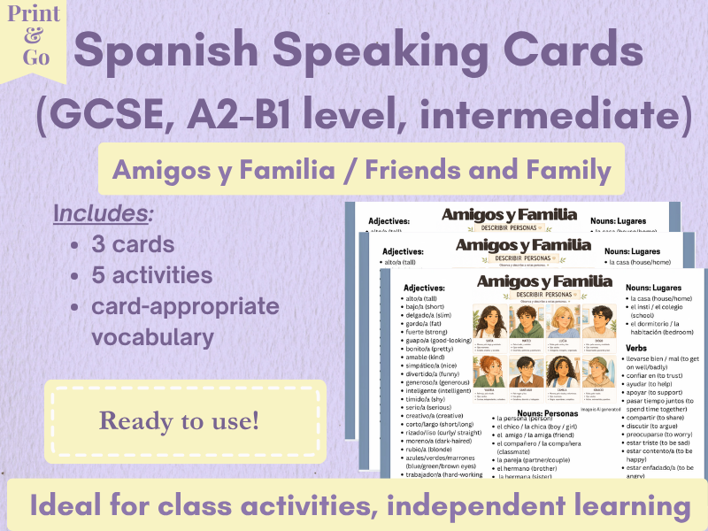 Amigos y Familia Spanish Picture Cards & Vocabulary Activities | GCSE Spanish Speaking Resource