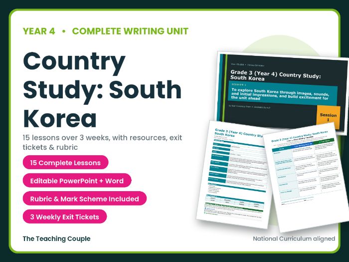 Country Study: South Korea | Year 4 English Unit | 15 Complete Lessons + Resource