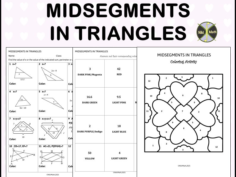 Midsegments in Triangles - Color by Code (Valentine's Day Themed)