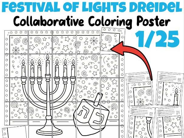 Festival of Lights Dreidel Collaborative Coloring Poster | Hanukkah Classroom Activity