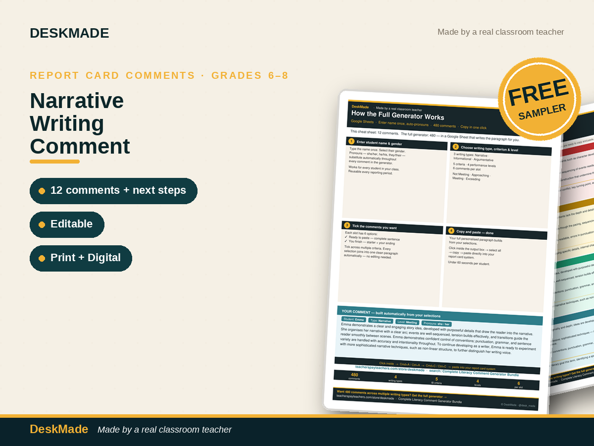 Free Narrative Writing Comment Starters | Grades 6-8 | 12 Comments + Next Steps