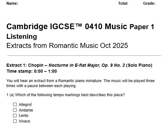 Cambridge IGCSE™ 0410 Music Paper 1 Listening - AOS3 ONLY | Teaching ...