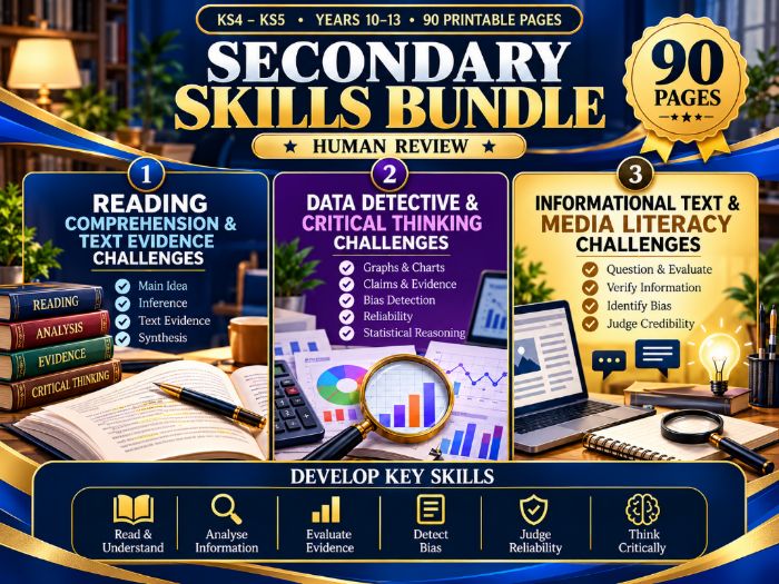 Reading Comprehension, Data Analysis & Media Literacy Bundle  KS4–KS5  90 Pages