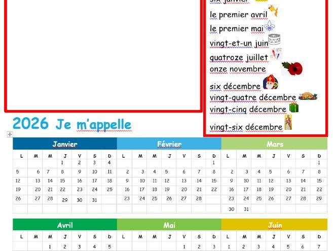 French calendar editable 2026