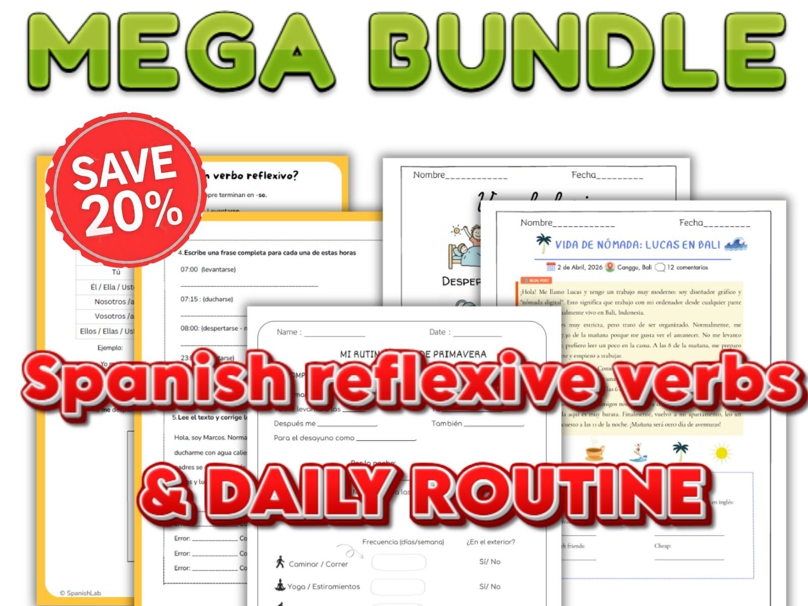 Spanish Reflexive Verbs & Daily Routine MEGA BUNDLE | Present Tense Conjugation