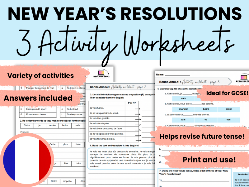 French New Year's Resolutions Activity Worksheets (x3!)